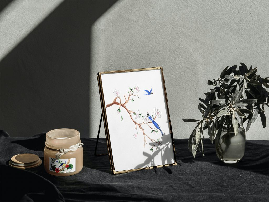 Sous le Magnolia, illustration originale à l'acrylique, oiseaux bleus et branche de magnolia