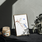 Sous le Magnolia, illustration originale à l'acrylique, oiseaux bleus et branche de magnolia