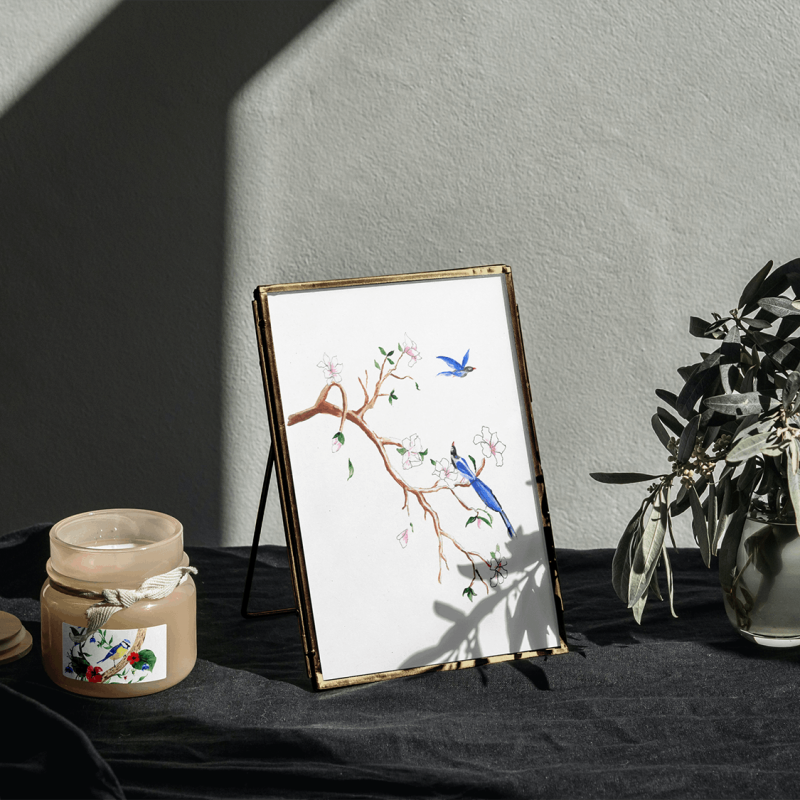 Sous le Magnolia, illustration originale à l'acrylique, oiseaux bleus et branche de magnolia