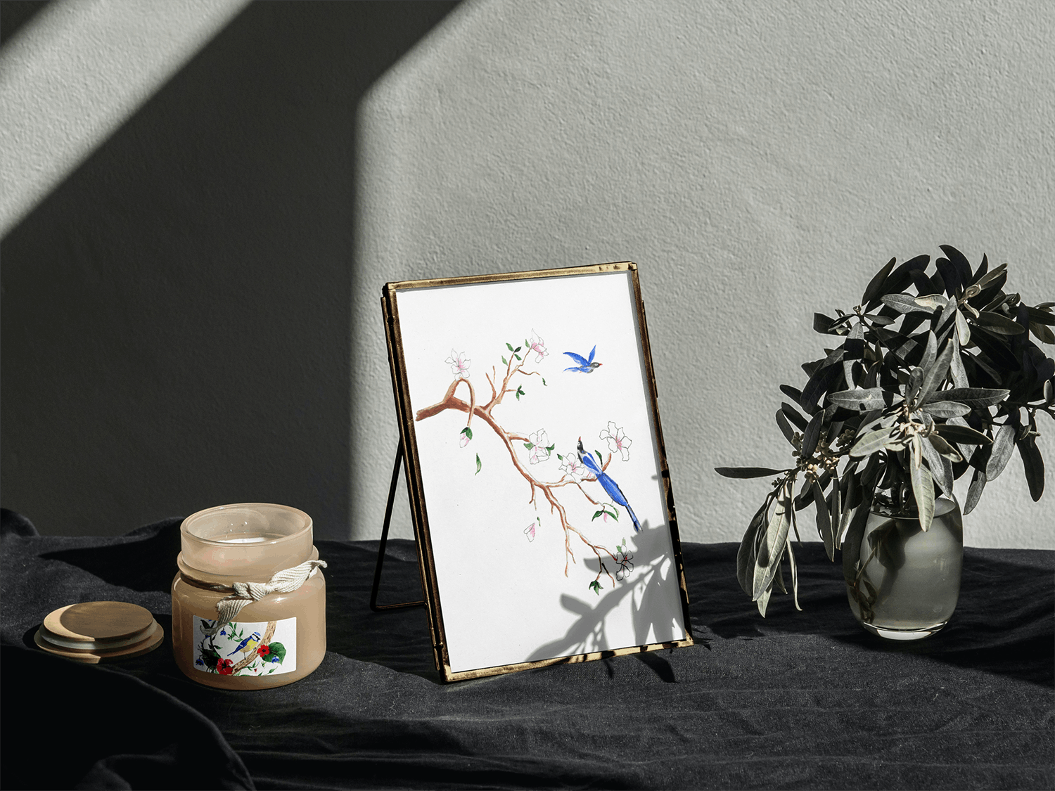 Sous le Magnolia, illustration originale à l'acrylique, oiseaux bleus et branche de magnolia